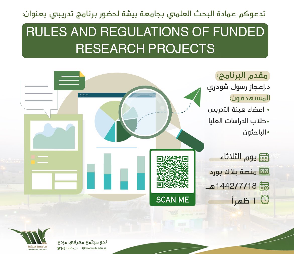 تعلن عمادة البحث العلمي عن إقامة دورة تدريبية بعنوان: قواعد ولوائح المشاريع البحثية الممولة 